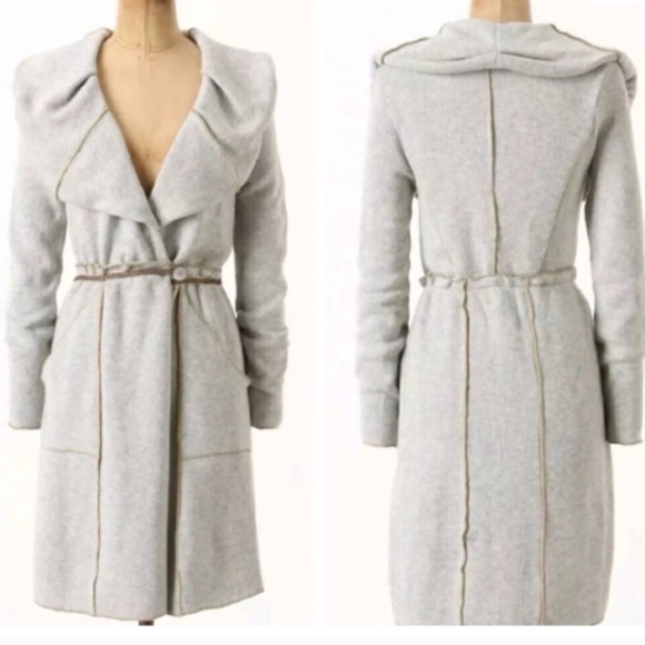 Anthropologie Tiny Grey Wool Blend Ruffle Shawl Collar Sweater Coat SZ M - Picture 1 of 12